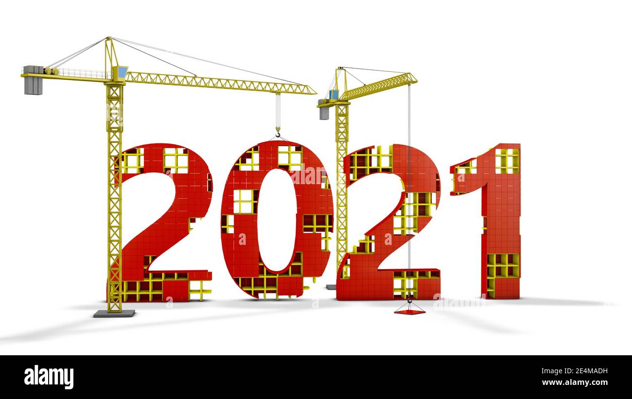 Due gru a torre che costruiscono una cifra volumetrica di 2021. rendering 3d. Foto Stock