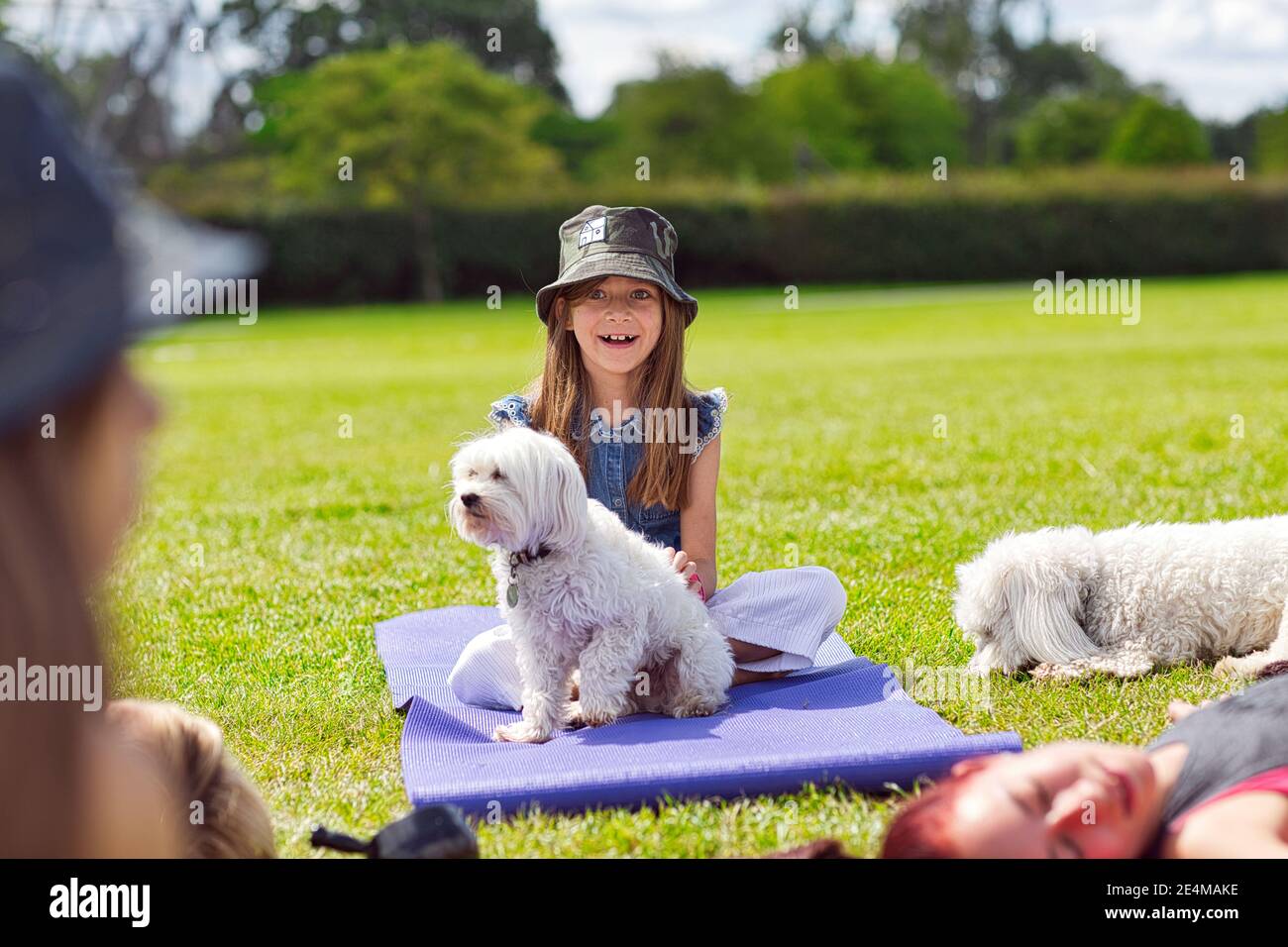 Ragazza con due cani che fanno esercizi di yoga in natura all'aperto Su erba verde su tappetino fitness, Primerose Hill Park, Londra , REGNO UNITO Foto Stock