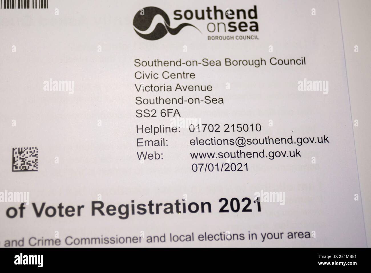 Documentazione per la registrazione degli elettori 2021. Southend on Sea Borough Council elezioni locali. Differita a causa del COVID 19, lettera di registrazione del voto elettorale Foto Stock