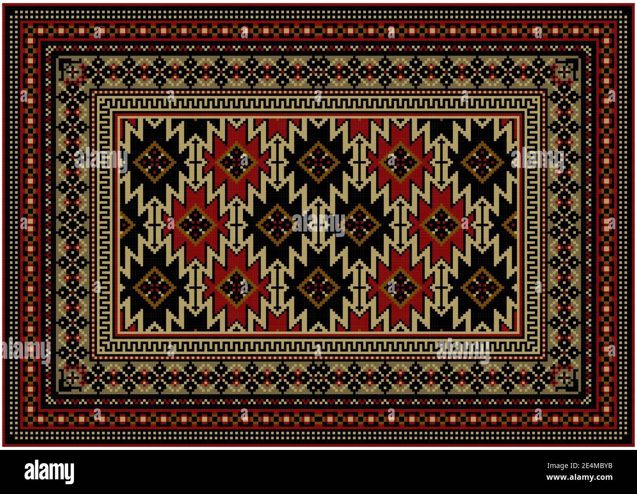 Tappeto vintage di lusso con ornamenti orientali di maroon, motivi neri e beige su sfondo bianco Foto Stock