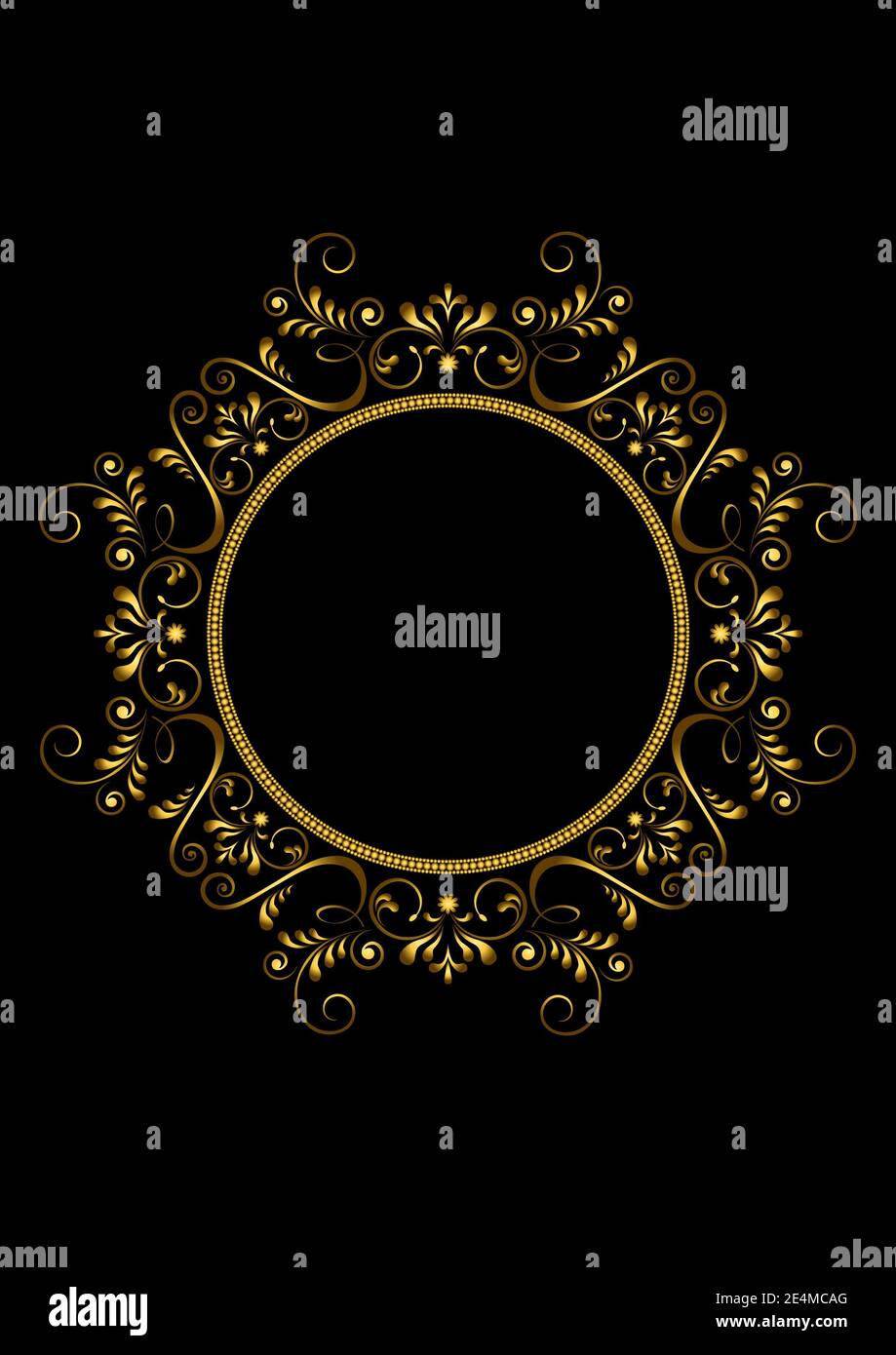 Cornice tonda dorata con un motivo calligrafico di fiori stilizzati con foglie, torsioni, rotazioni su sfondo nero Foto Stock