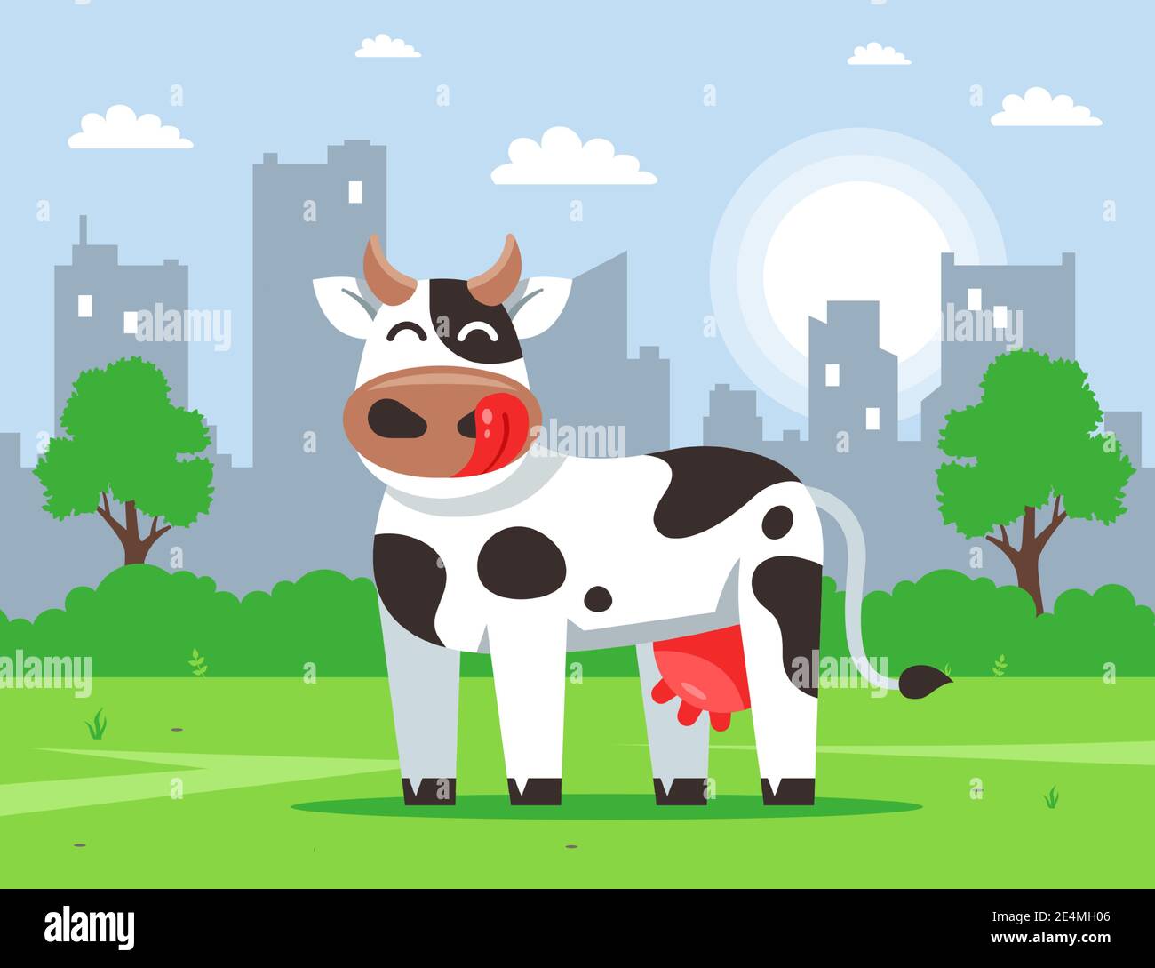 carino mucca si trova su un prato verde sullo sfondo della città. vettore piatto illustrazione carattere. Illustrazione Vettoriale