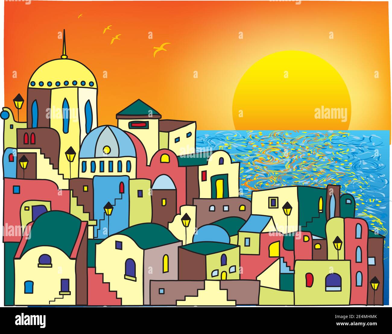 Meravigliosa città fiabesca vicino al mare. Gli uccelli volano al sole. Le onde sparano nei primi raggi dell'alba. Illustrazione Vettoriale