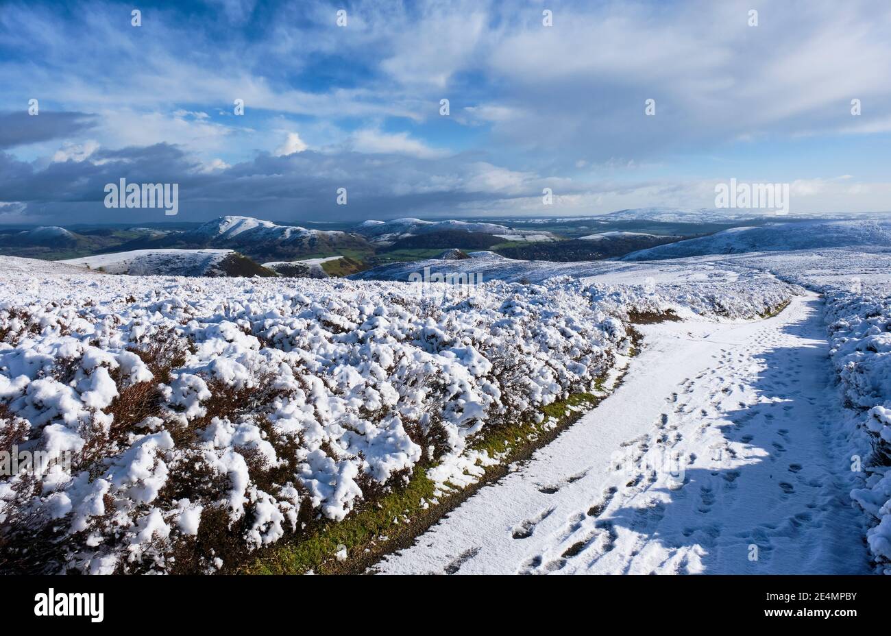 Caer Caradoc, Hope Bowdler Hill, Ragleth Hill e Brown Clee Hill nella neve vista dal Burway sul Long Mynd, Church Stretton, Shropshire Foto Stock