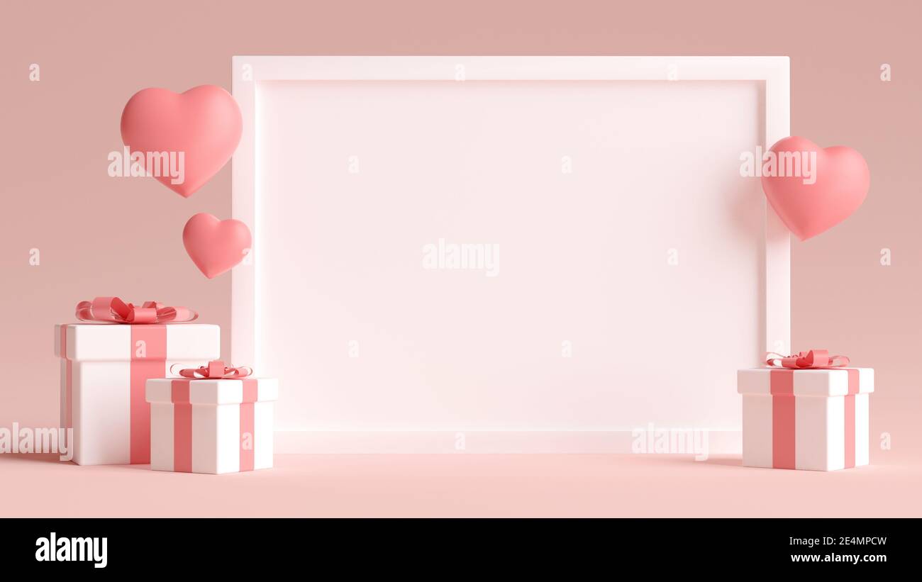Cornice fotografica bianca orizzontale mockup con cuori, amore e regali per valentines giorno in 3D rendering. Sfondo minimo del concetto di matrimonio dell'illustrazione 3D Foto Stock