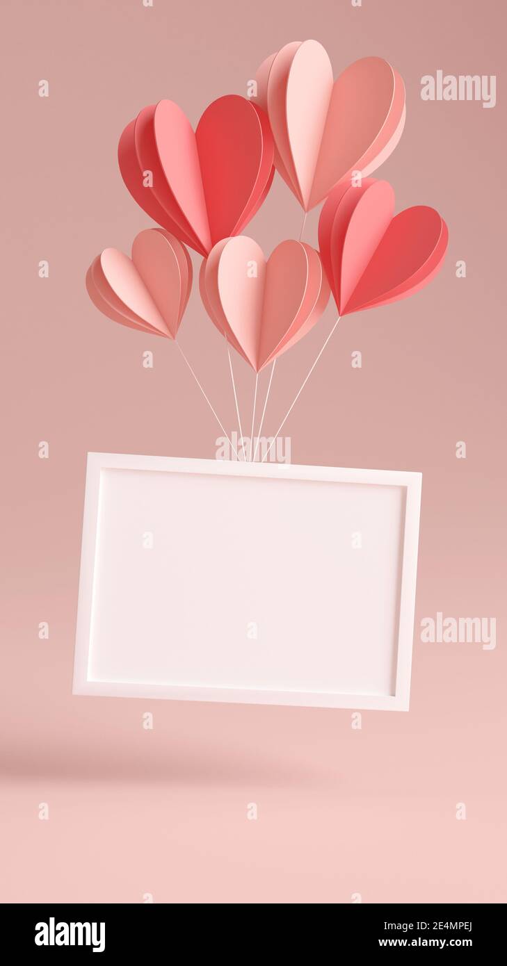 Mokup orizzontale della cornice fotografica fluttuante con cuori di carta e copyspace per San Valentino nel rendering 3D. Elegante illustrazione modello di immagine di nozze Foto Stock