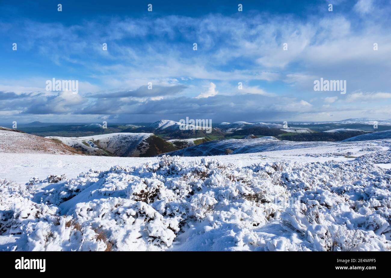 Il Wrekin, il Lawley, caer Caradoc, Hope Bowdler Hill e Brown Clee collina nella neve, visto dal Long Mynd, Chiesa Stretton, Shropshire Foto Stock