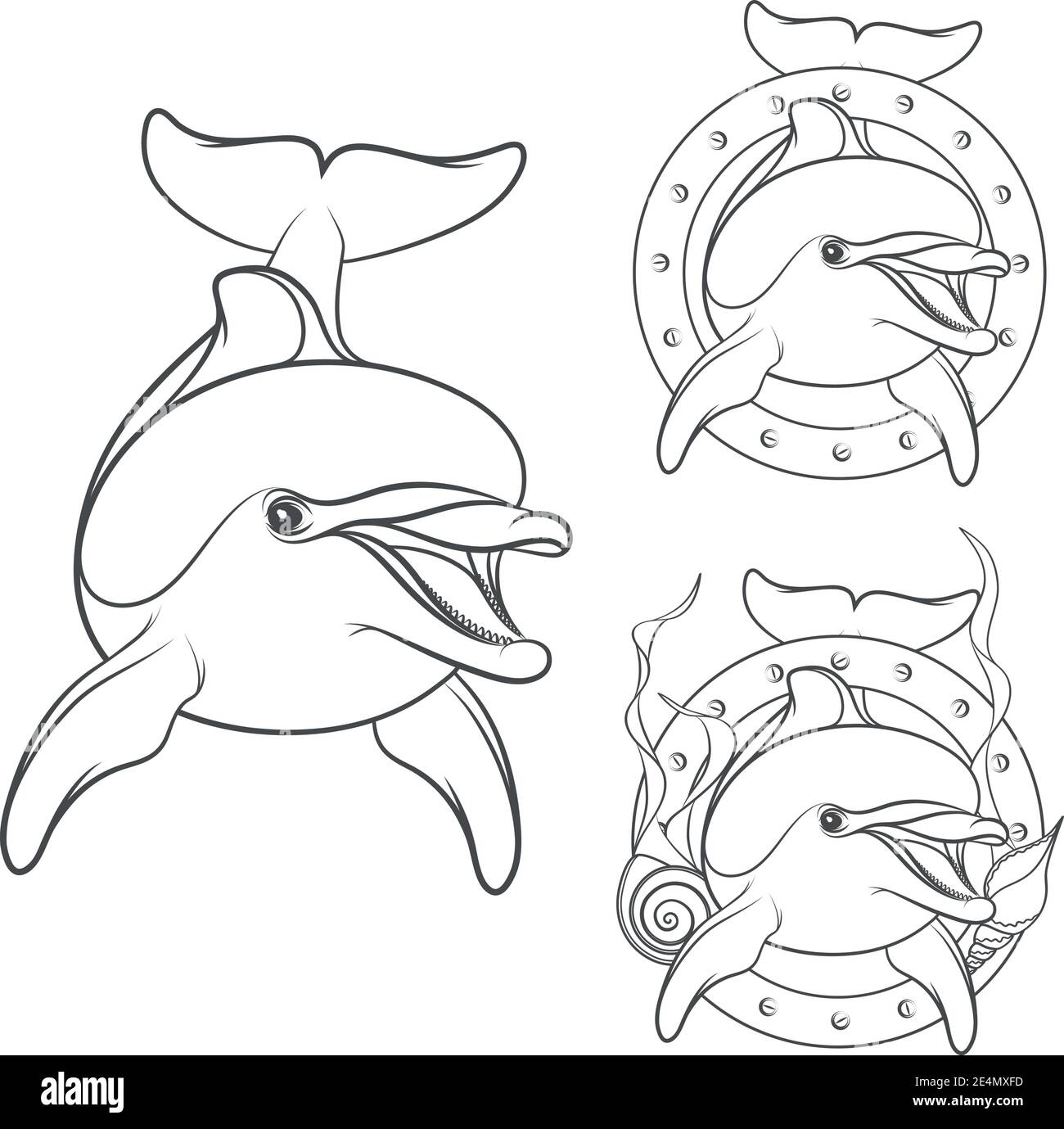 Set di elementi di design con logo delfino. Oggetti vettoriali isolati su sfondo bianco. Illustrazione Vettoriale