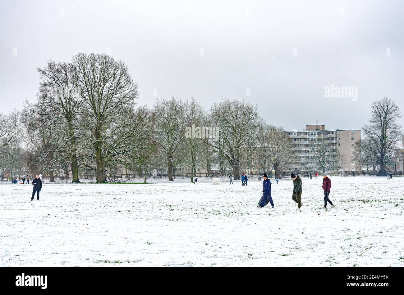 La gente gode della neve in Prospect Park, Reading, Berkshire, UK. Anche se ci è un blocco del coronavirus, la gente sta fuori godendo il loro esercizio. Foto Stock