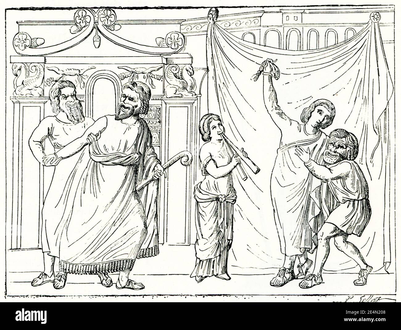 Questa scena teatrale rappresenta un rilievo marmoreo oggi ospitato nella Collezione Farnese di Napoli. Foto Stock