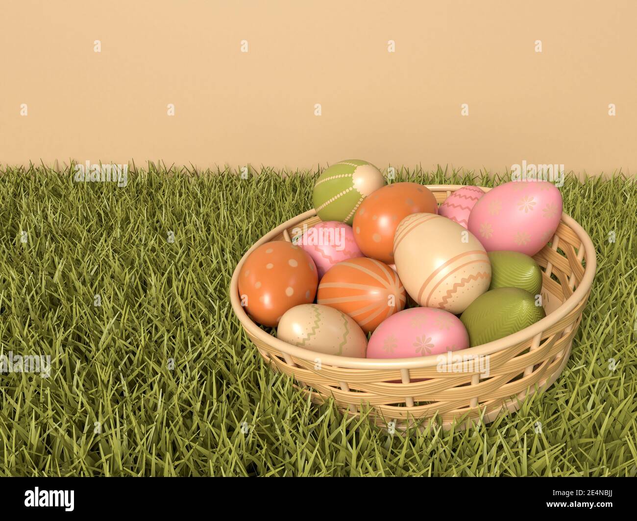 Illustrazione 3D. Uova di Pasqua in un cestino. Foto Stock