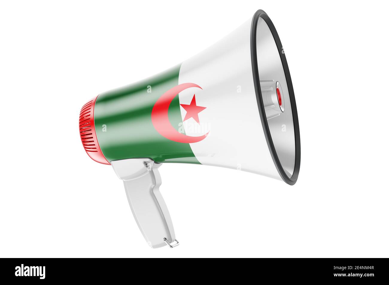 Megafono con bandiera algerina, rendering 3D isolato su sfondo bianco Foto Stock
