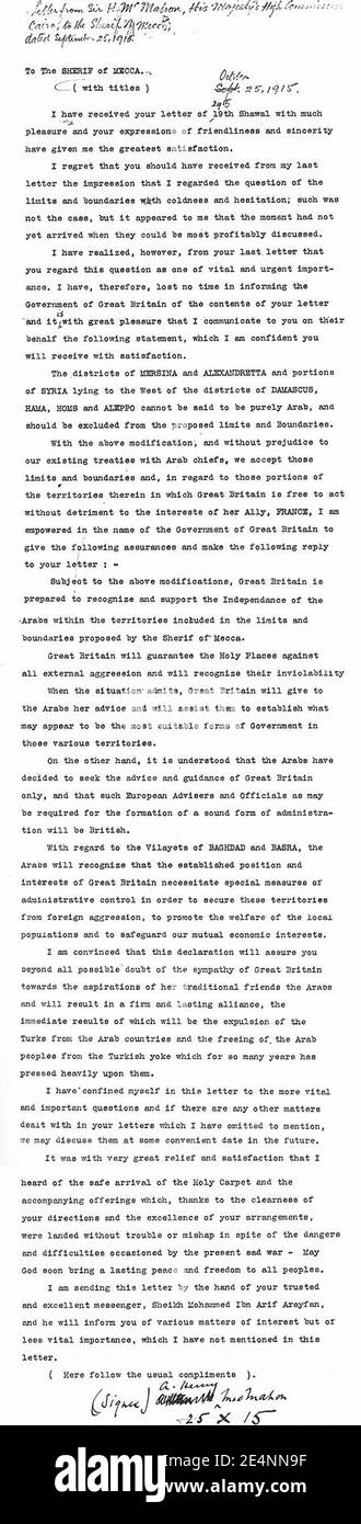 McMahon Hussein lettera 25 ottobre 1915. Foto Stock
