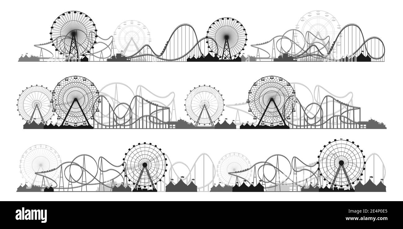 Ruota panoramica. Luna Park carnevale sfondo. Circus Park. Montagne russe. Illustrazione vettoriale. Illustrazione Vettoriale