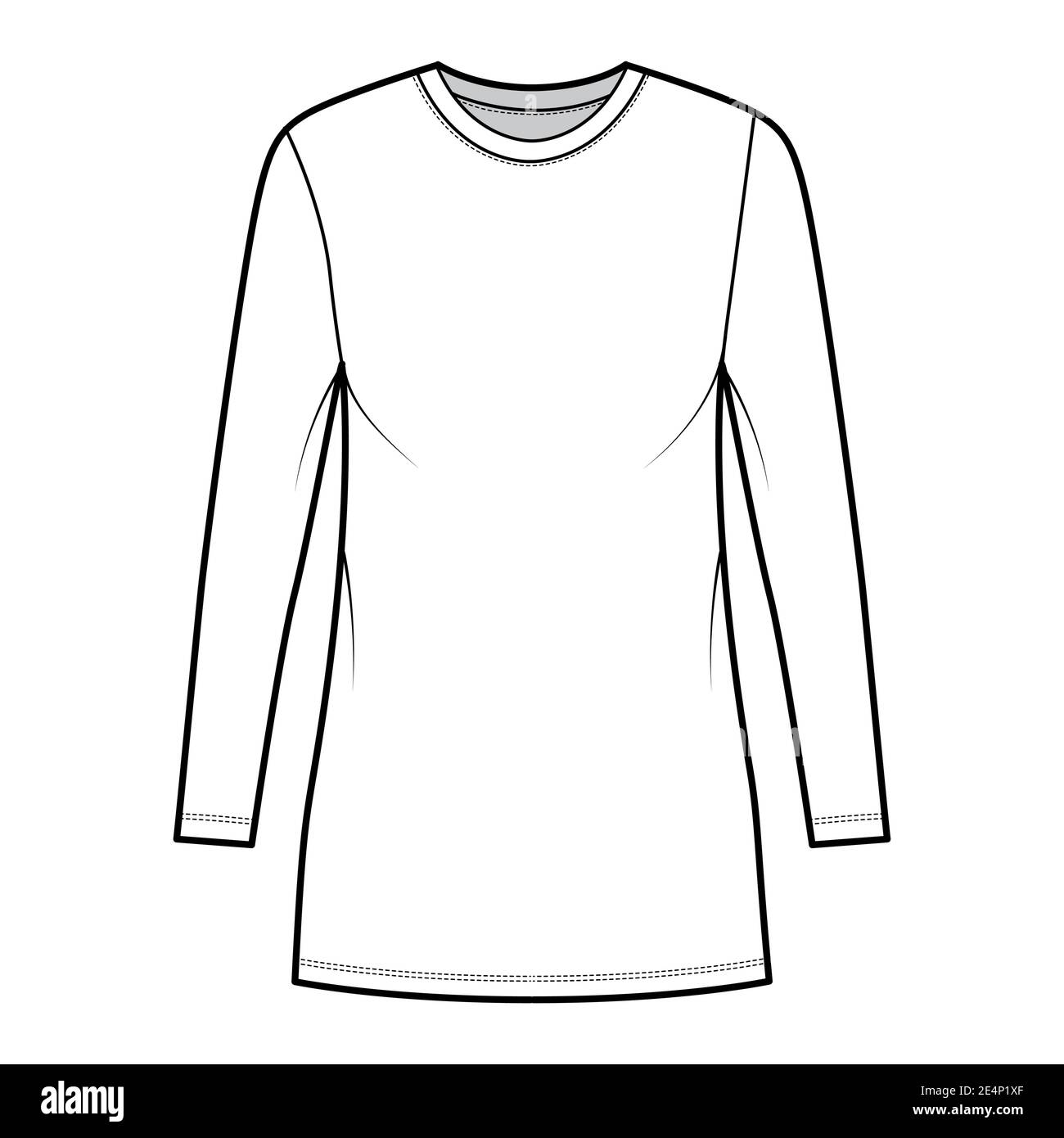 T-shirt abito illustrazione tecnica moda con collo a equipaggio, maniche lunghe, mini lunghezza, oversize, matita pienezza. Mascherina di abbigliamento piatta anteriore, colore bianco. Donne, uomini, unisex CAD mockup Illustrazione Vettoriale