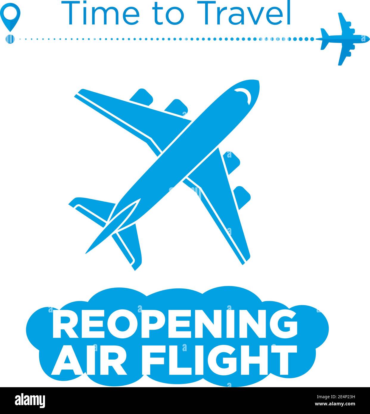 Viaggio in aria riaprendo il cielo dopo il blocco. Percorso in linea aerea della rotta di volo in aereo con punto di partenza e traccia in linea tratteggiata. Icona vettore su trasparente Illustrazione Vettoriale