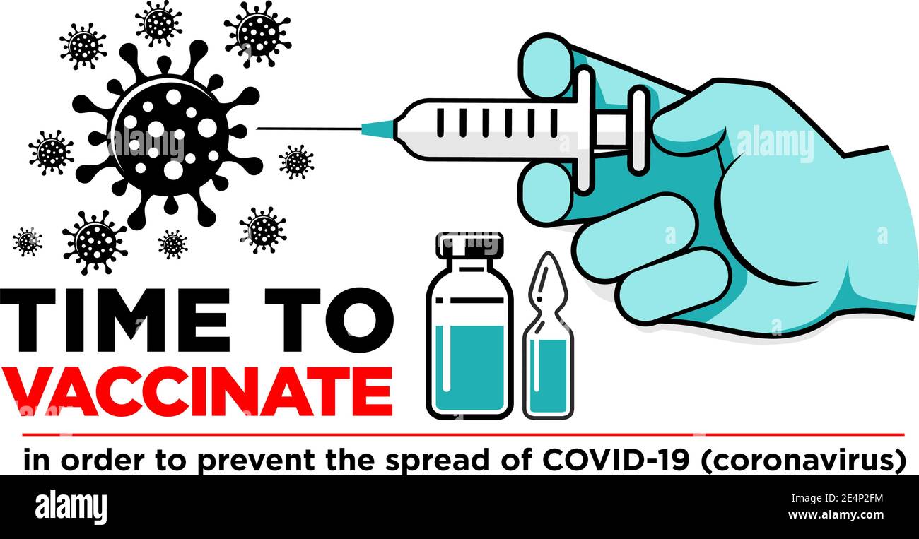 La mano del medico o dell'infermiere in guanto medico fa il vaccino contro il coronavirus. Flacone e flaconcino contenente farmaco per COVID-19. È il momento di vaccinare il poster o. Illustrazione Vettoriale