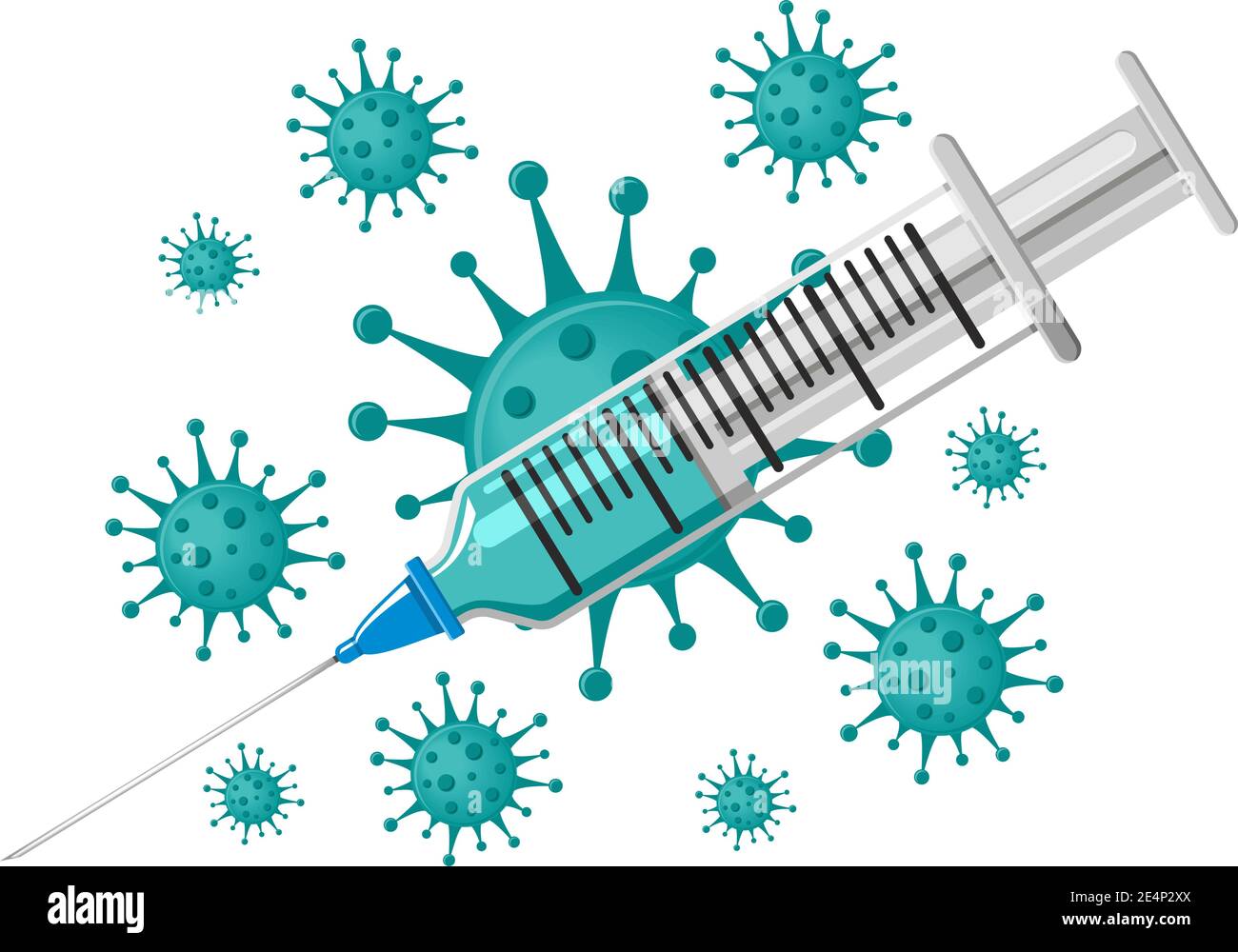 Concetto di protezione antivirus. Disegno realistico di una siringa con un vaccino e batteri del coronavirus. Design piatto, vettoriale Illustrazione Vettoriale