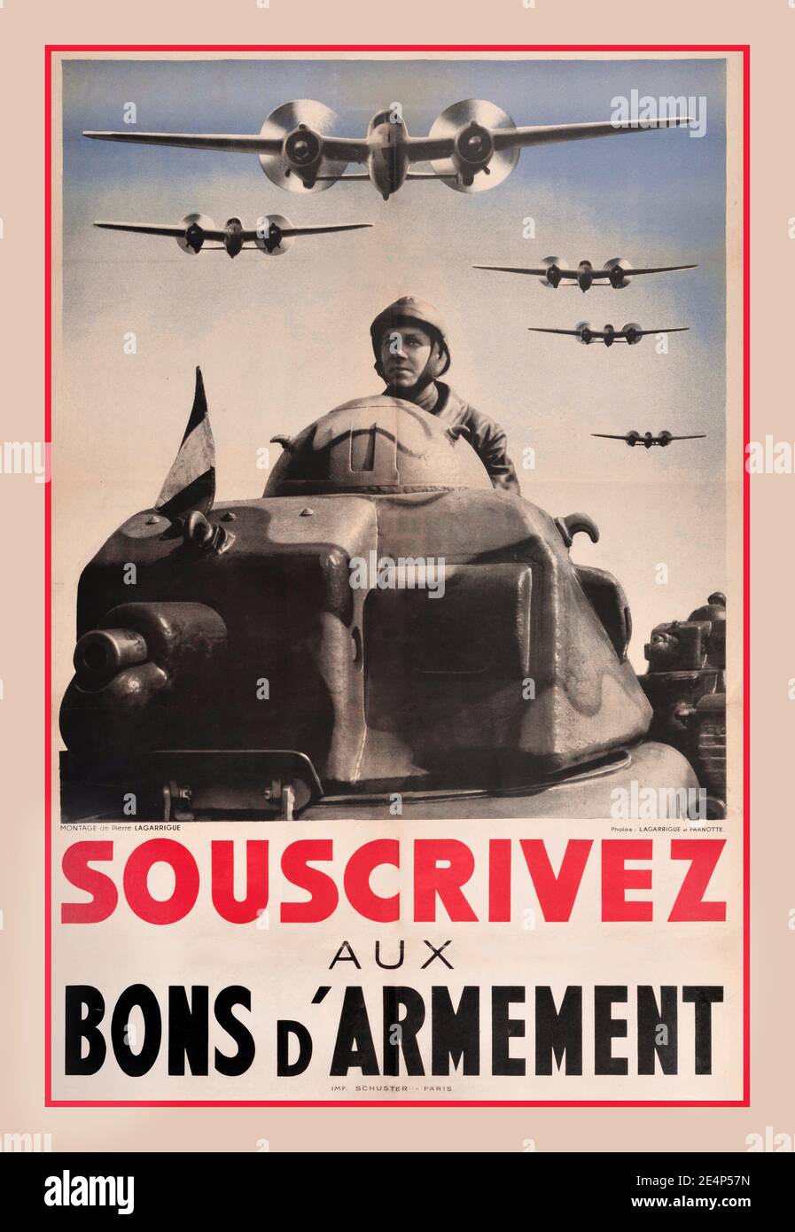 Manifesto di propaganda di appello della seconda guerra mondiale francese: ‘Sscriba a Armerament Bonds’ - Souscivez aux bons d’Armement. Fotomontaggio di Pierre la Garrigue dei carri armati francesi della seconda guerra mondiale con aerei bombardieri che volano in testa. Foto di Lagarrigue e Parnotte, stampata da Schuster, Parigi. Paese di emissione: Francia, progettista: Pierre la Garrigue, seconda guerra mondiale 1939 Foto Stock