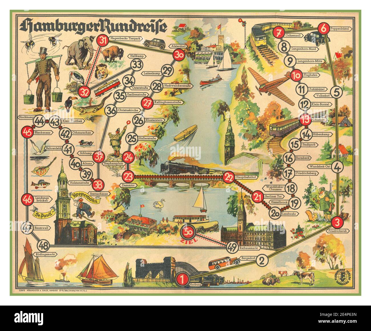 Dopo la guerra Germania 1947 mappa turistica pittorica di Amburgo, Germania, pubblicata nel 1947. Amburgo era stata gravemente danneggiata dai bombardamenti alleati durante la guerra e gran parte della città non è stata ricostruita per decenni. Molti dei 50 "siti" turistici identificati su questa mappa sono semplicemente fermate ferroviarie e strade; per quanto riguarda gli altri, non è chiaro esattamente cosa si poteva vedere e visitare nel 1947. Uno dei siti più importanti, con l'immagine di un marinaio festoso, è St. Pauli - Reeperbahn, il famoso quartiere a luci rosse di Amburgo. Poster pubblicato nel periodo poco dopo la seconda guerra mondiale come parte degli sforzi per ricostruire il turismo. Foto Stock