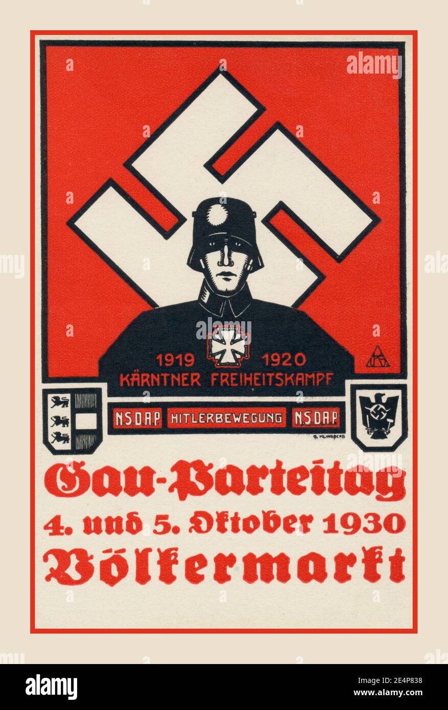 1930 Propaganda nazista Gau Parteitag [Giornata del Partito del Distretto] Poster NSDAP Con Soldier e Iron Cross da una precedente battaglia controversa HITLERBEWEGUNG Hitler Movement Der Kärntner Freiheitskampf 1919-1920 Dolfermarft Germania Foto Stock