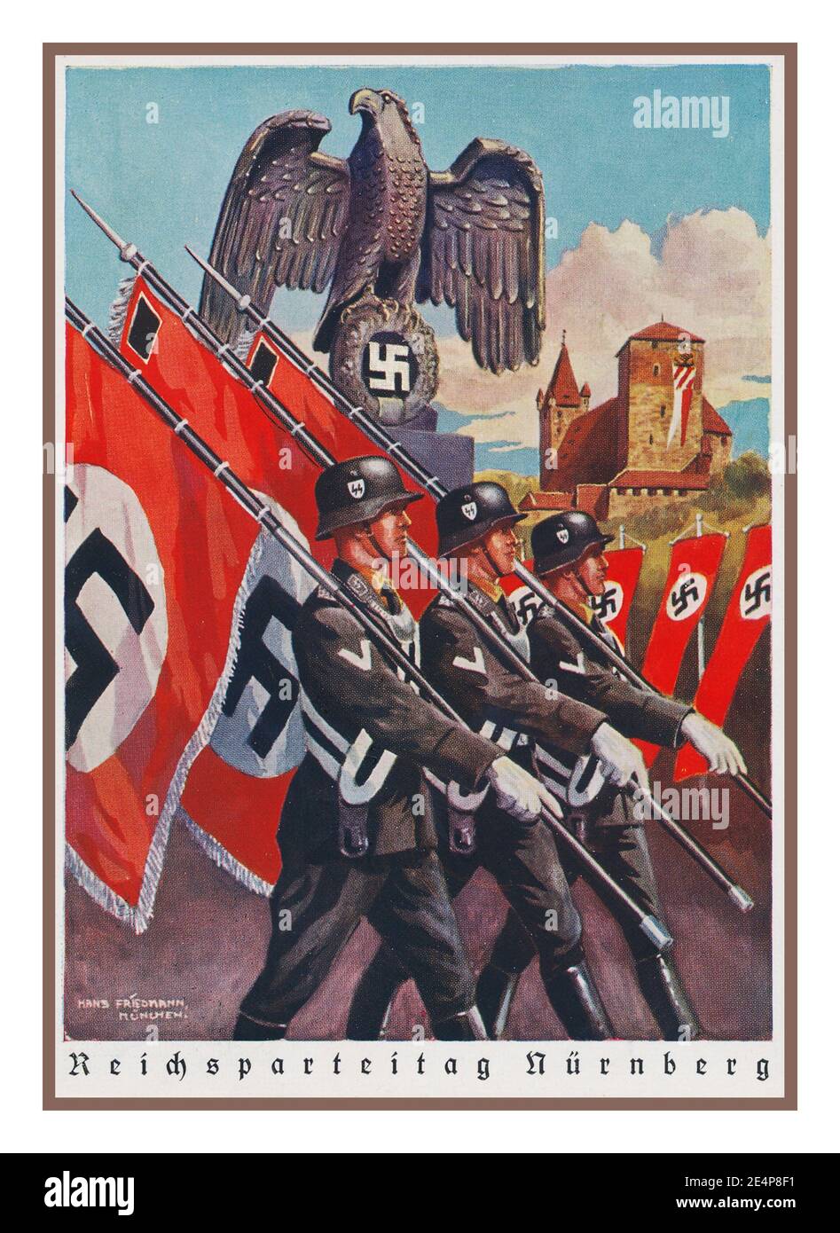 Reichsparteitag Vintage nazista anni '30 Propaganda cartellone con marcia di Waffen SS con Swastika Flags per il Nürnberg 1938 Reichsparteitag / Nazi Party Rally di Norimberga con il Castello di Norimberga in background E tedesco Eagle & Swastika Foto Stock