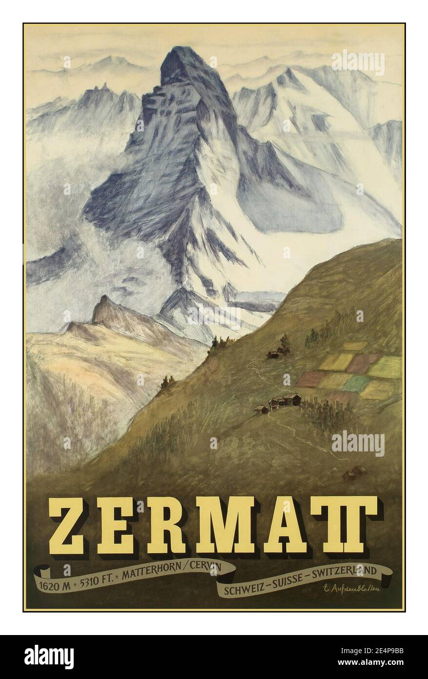 ZERMATT MATTERHORN Vintage 1950's Travel Poster di Emil Aufdenblatten Zermatt Mountain Region Lithograph poster stampato da H. Vantobel, Felgmellen Imprime en Suisse 1956 Foto Stock