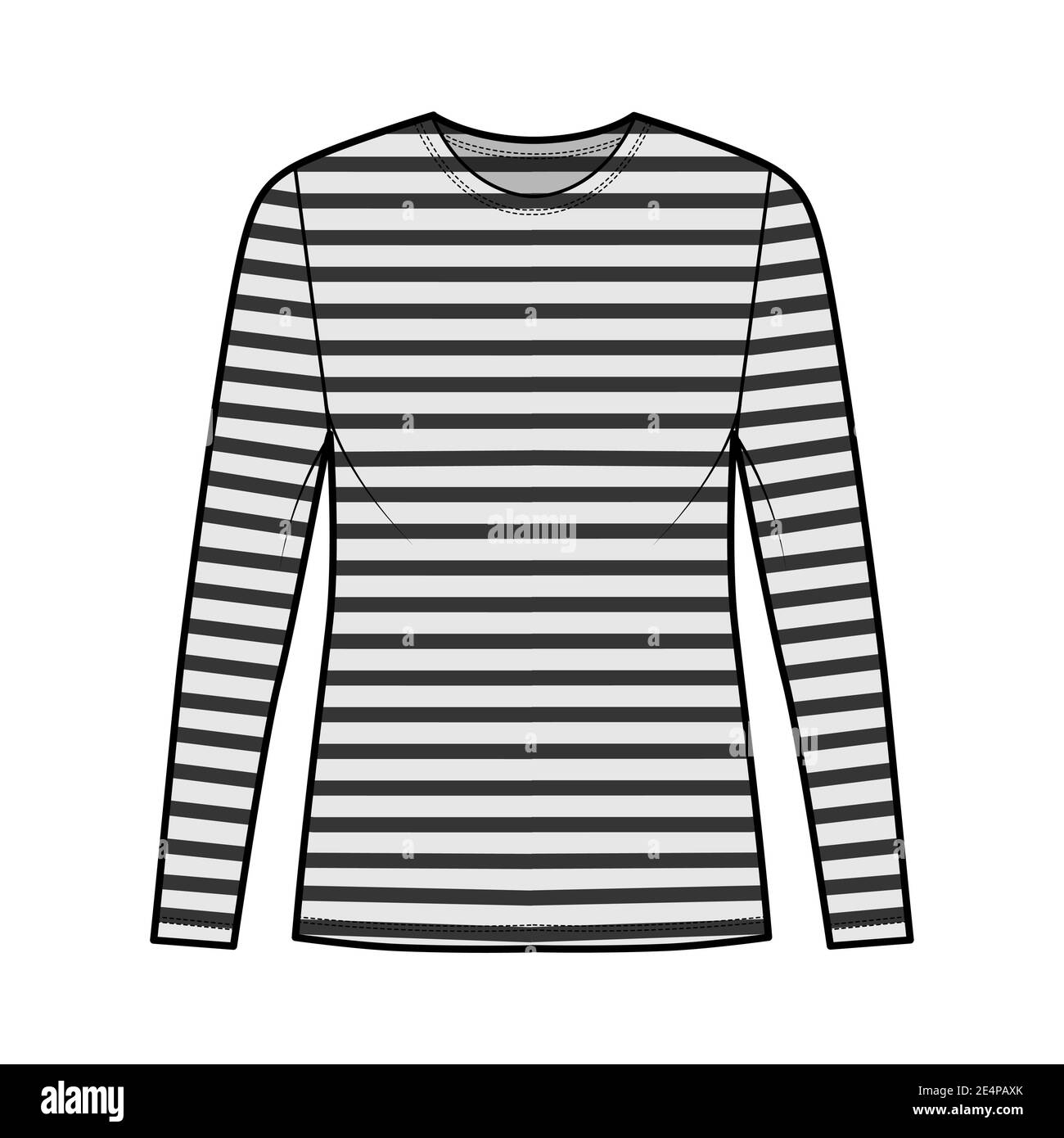 Camicia marinaio basco illustrazione tecnica moda con maniche lunghe, lunghezza tunic, collo scoop, oversize. Abbigliamento top outwear francese modello anteriore, colore grigio. Donne uomini Unisex CAD mockup Illustrazione Vettoriale