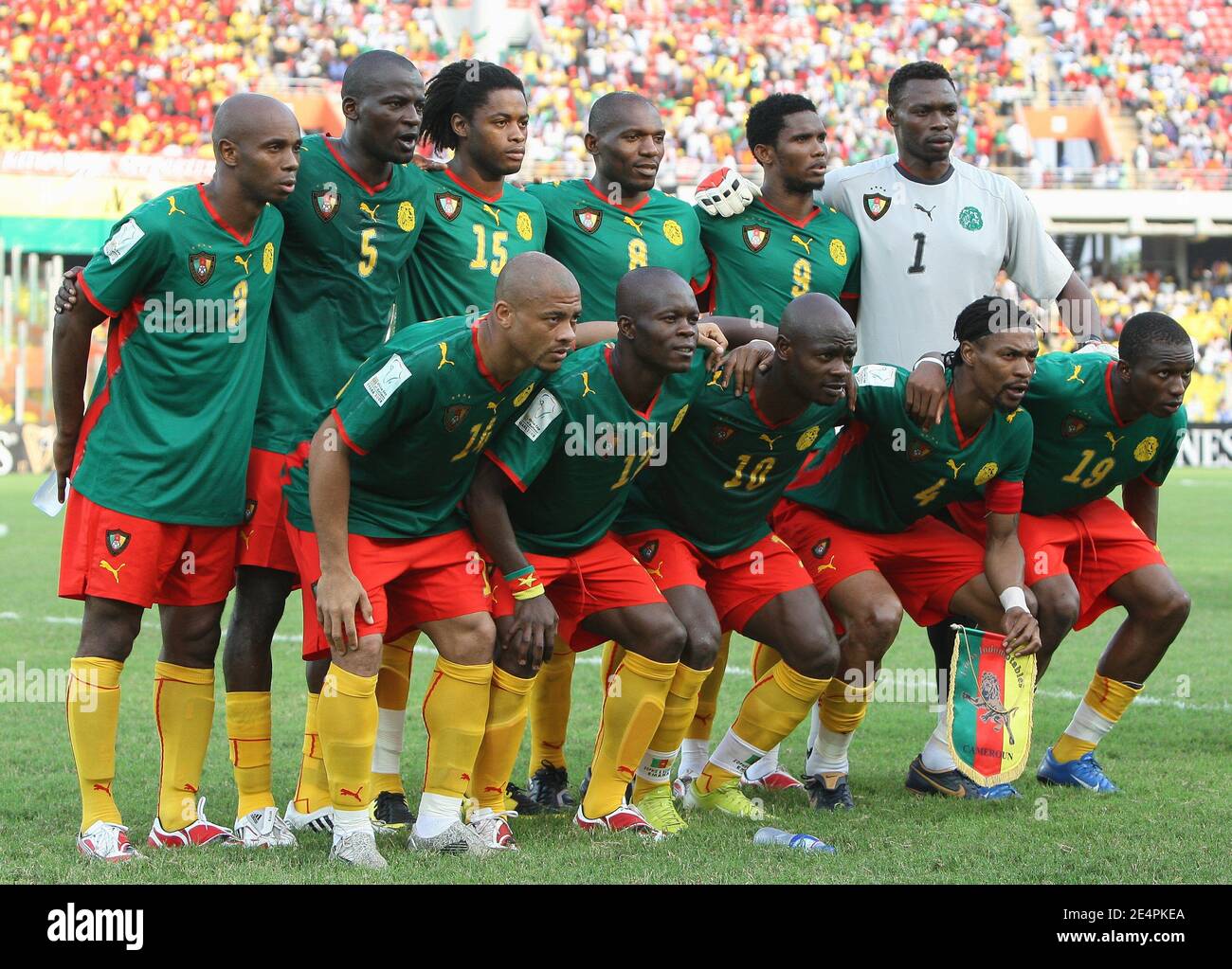 Gruppo di squadre del Camerun durante la finale del torneo di calcio della Coppa Africana delle Nazioni 2008, Camerun contro Egitto ad Accra, Ghana, il 10 febbraio 2008. L'Egitto ha vinto la partita 1-0. Foto di Steeve McMay/Cameleon/ABACAPRESS.COM Foto Stock