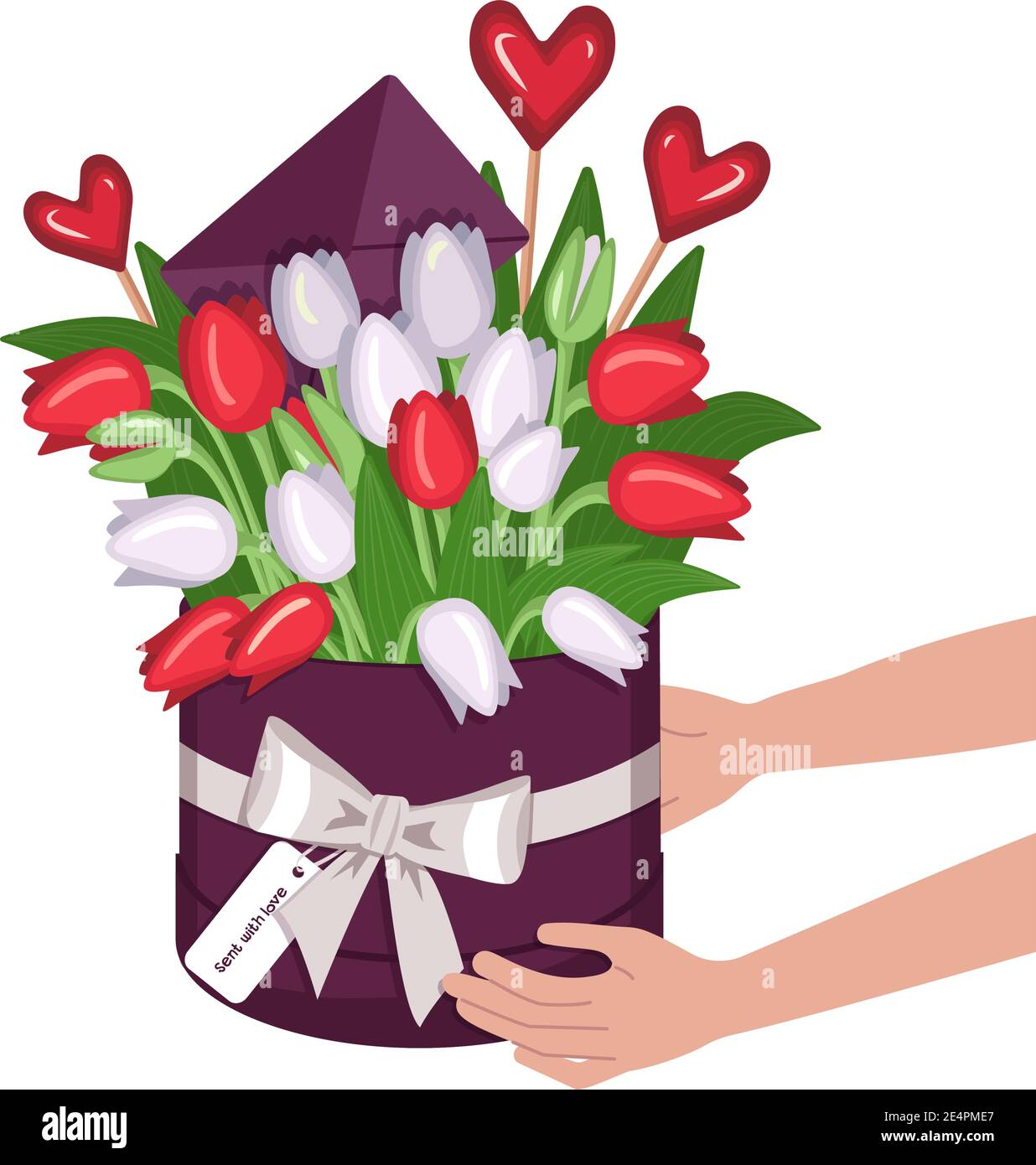 Consegna di una scatola con tulipani, cuori su un bastone Illustrazione Vettoriale Consegna di una scatola con tulipani, cuori su un bastone Illustrazione Vettoriale