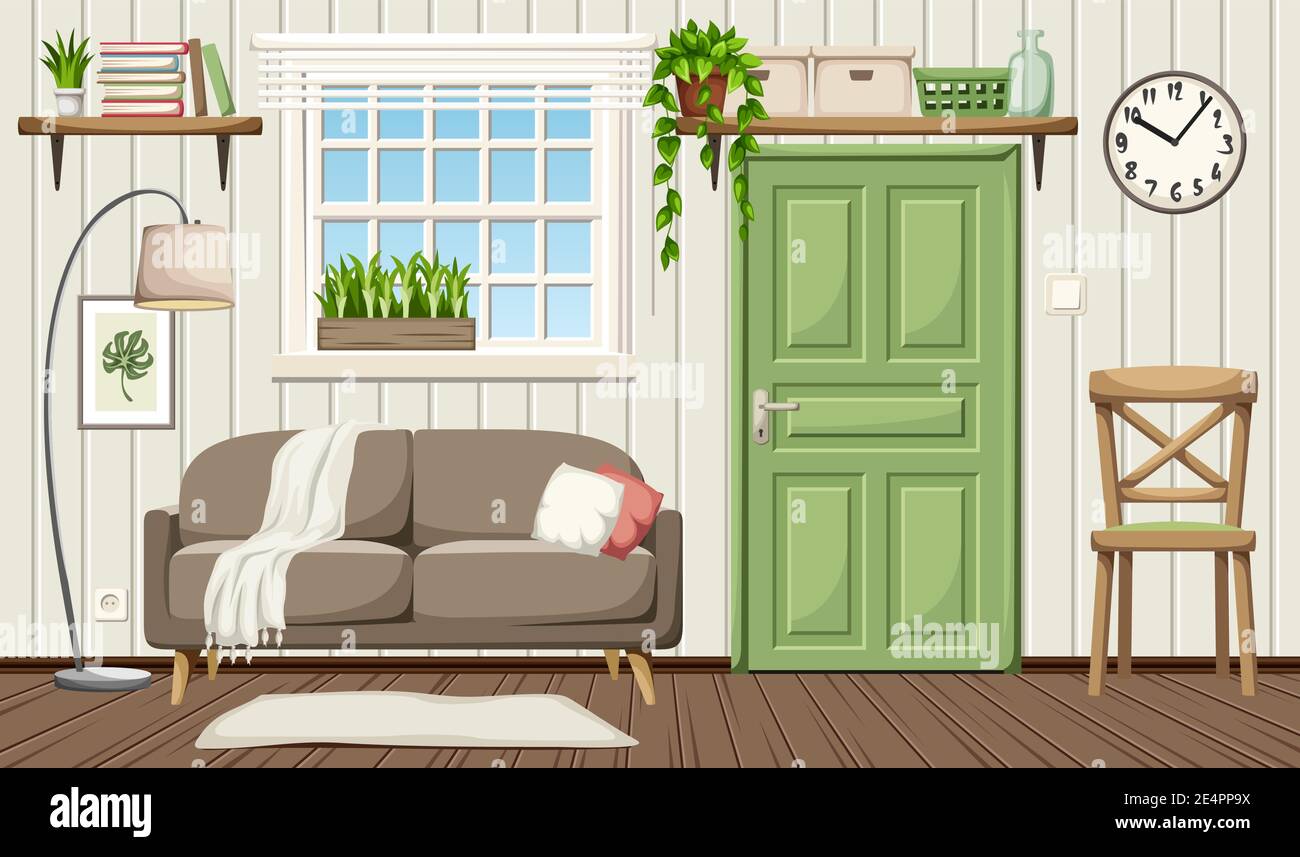 Vector accogliente soggiorno interno con un divano, una sedia, lampada da terra e piante da casa. Illustrazione Vettoriale