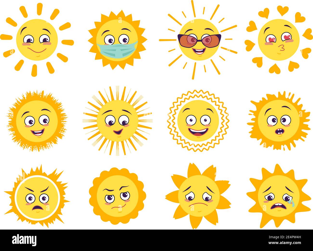 Le icone del sole sono impostate con diverse emozioni, maschera e occhiali Illustrazione Vettoriale