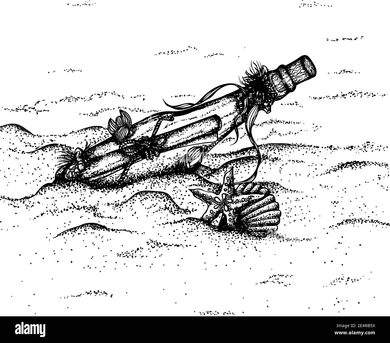 Messaggio in una bottiglia sdraiata su una spiaggia di sabbia. Illustrazione vettoriale disegnata a mano. Disegno monocromatico isolato su sfondo bianco Illustrazione Vettoriale