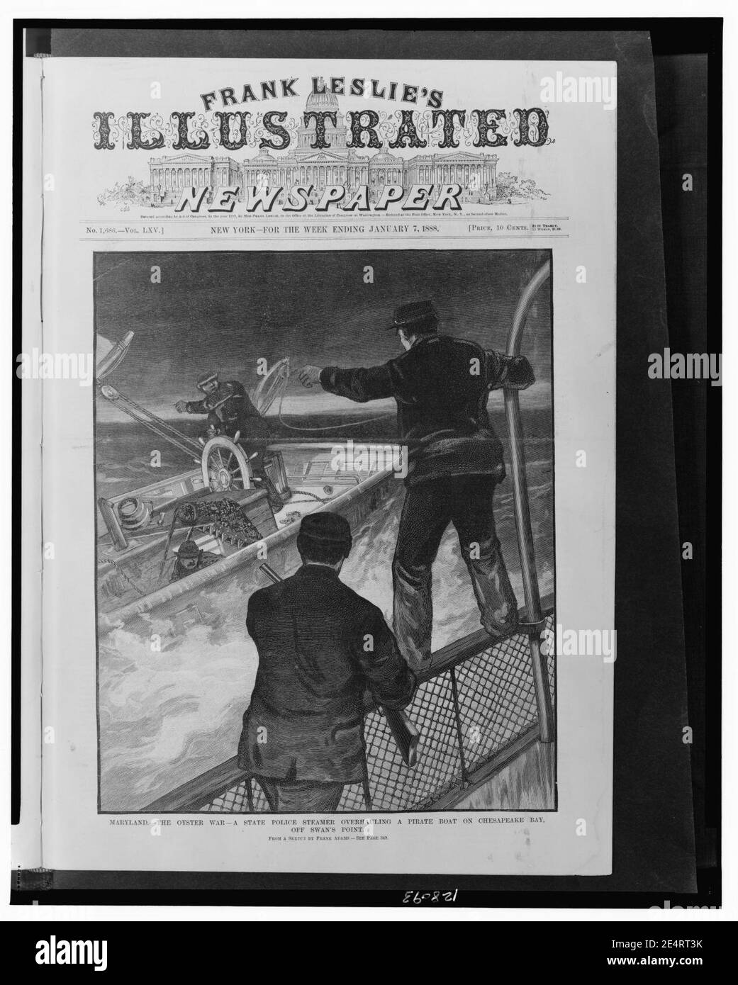 Maryland-la guerra delle ostriche-un piroscafo della polizia di stato che revisiona una barca pirata sulla Chesapeake Bay, al largo di Swan's Point - da un disegno di Frank Adams. Foto Stock