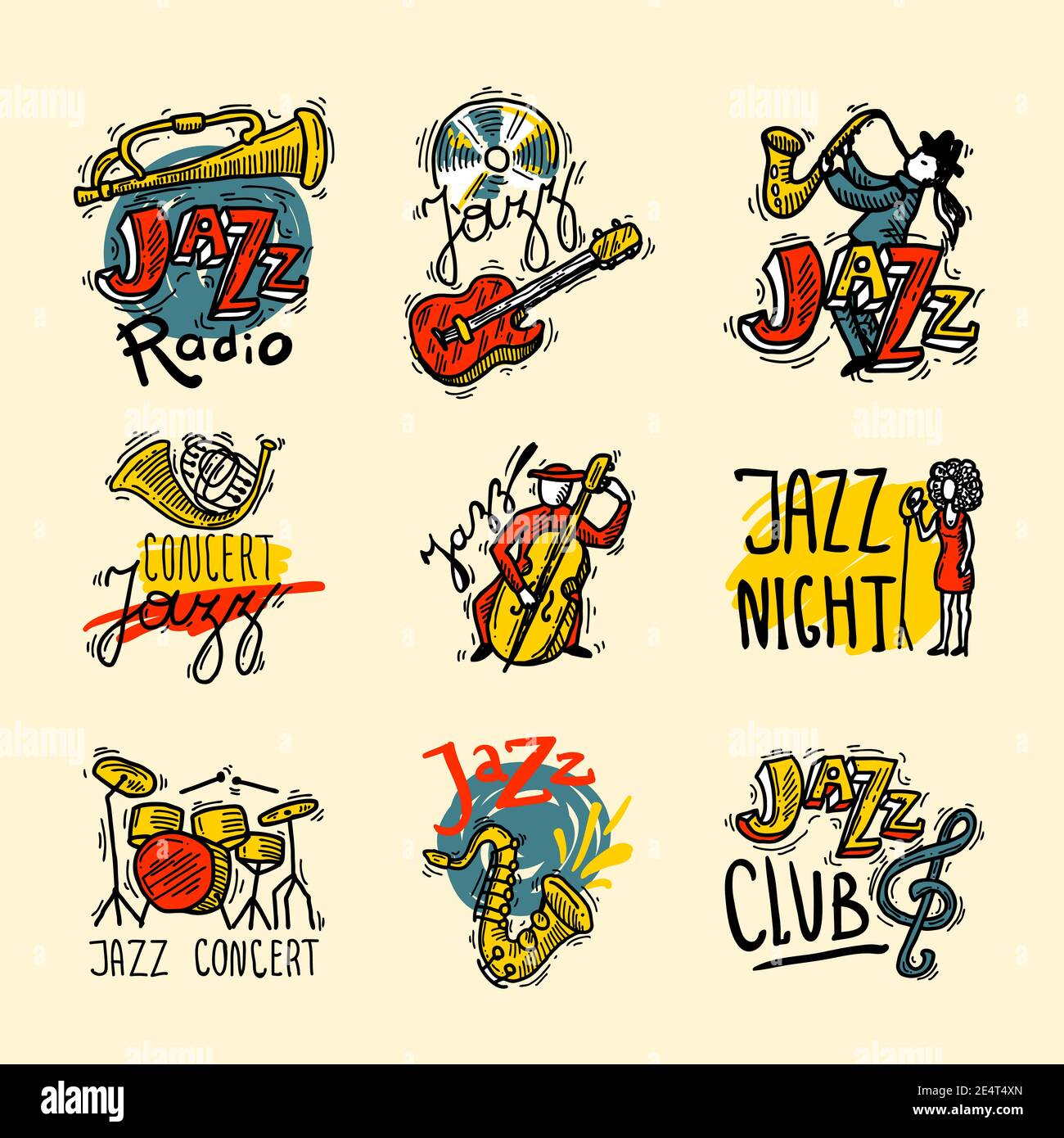 Set di etichette per schizzi jazz con strumenti radio per club musicale isolati illustrazione vettoriale Illustrazione Vettoriale