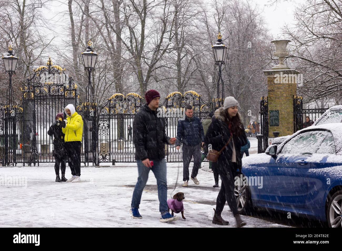 Le persone si precipita nel London Greenwich Park divertendosi Con la neve pesante che cade nel parco di Londra Foto Stock