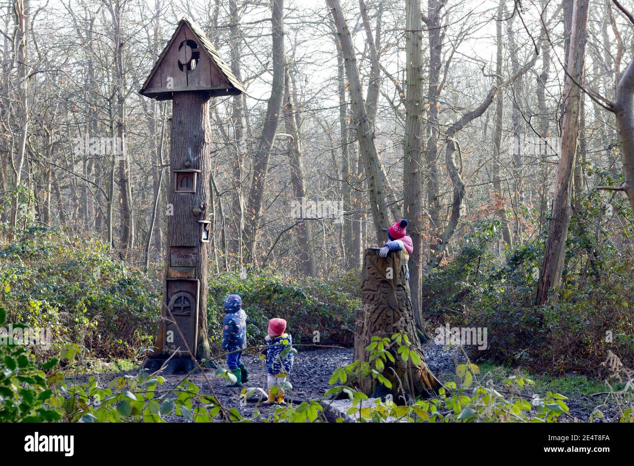 I bambini ispezionano la casa gnomo scolpita da un albero tronco in bosco Foto Stock