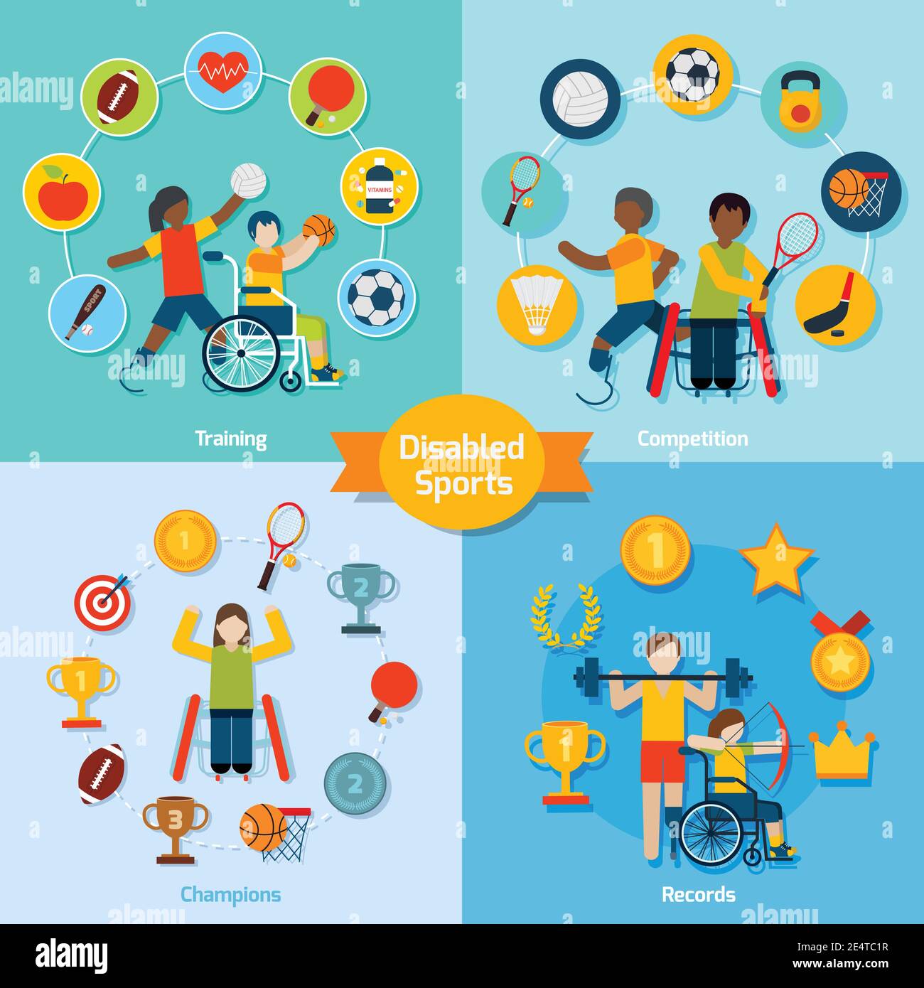Concept di design sportivo per disabili con record di campioni della competizione formativa icone piatte illustrazione vettoriale isolata Illustrazione Vettoriale