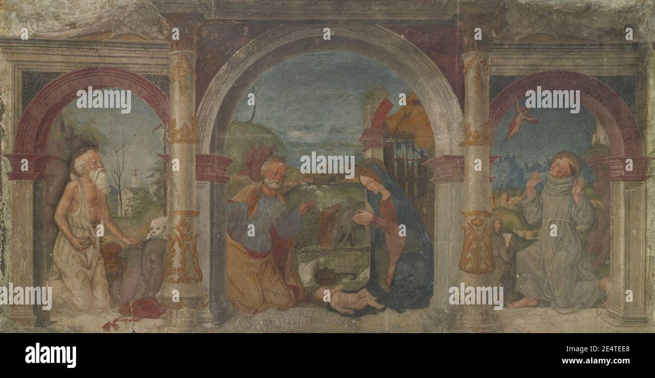 Maveolo da Cazano la Natività con San Girolamo e San Francesco d'Assisi che riceve la S. Foto Stock