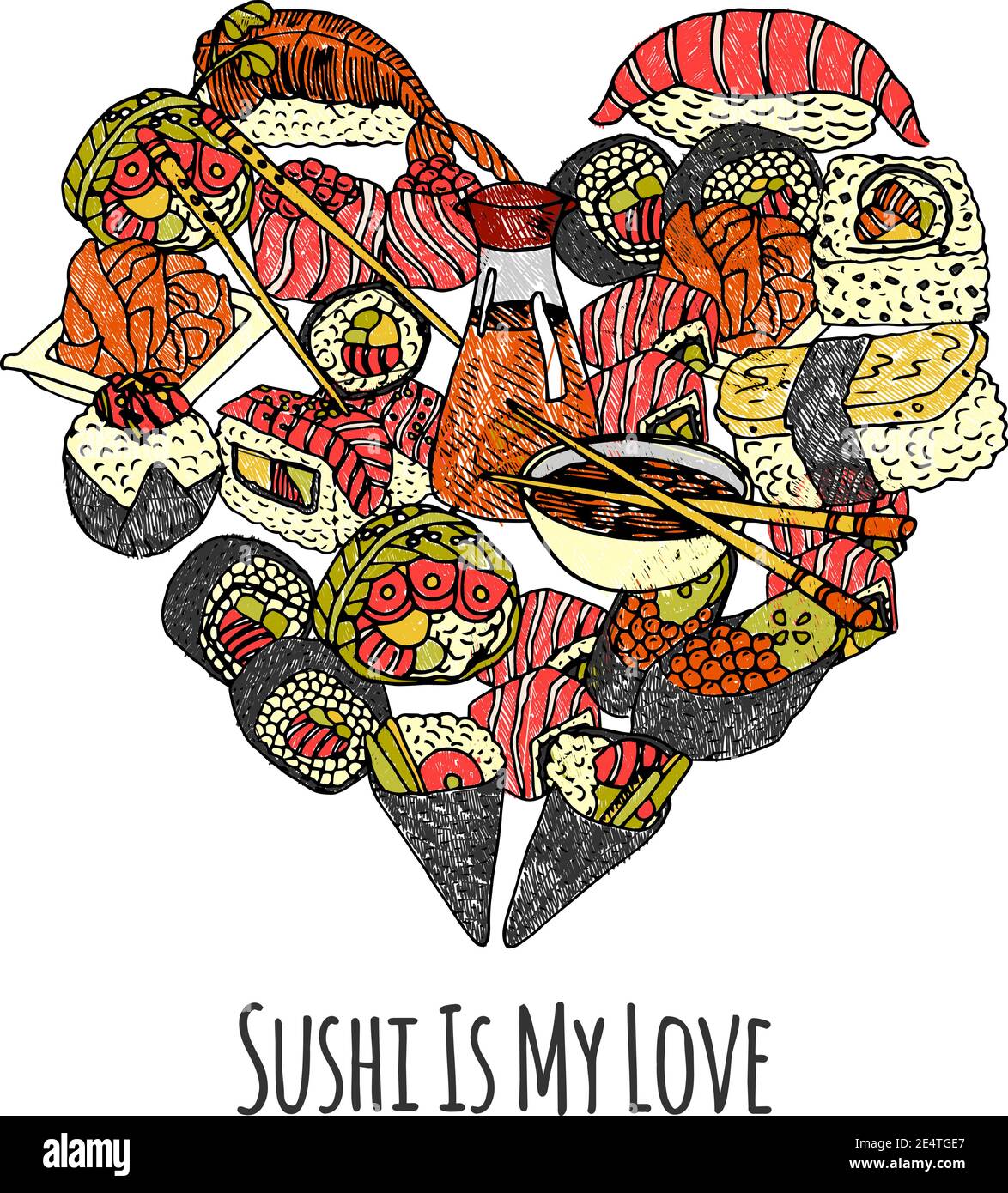 Cucina asiatica con sushi e panini a forma di cuore illustrazione vettoriale Illustrazione Vettoriale