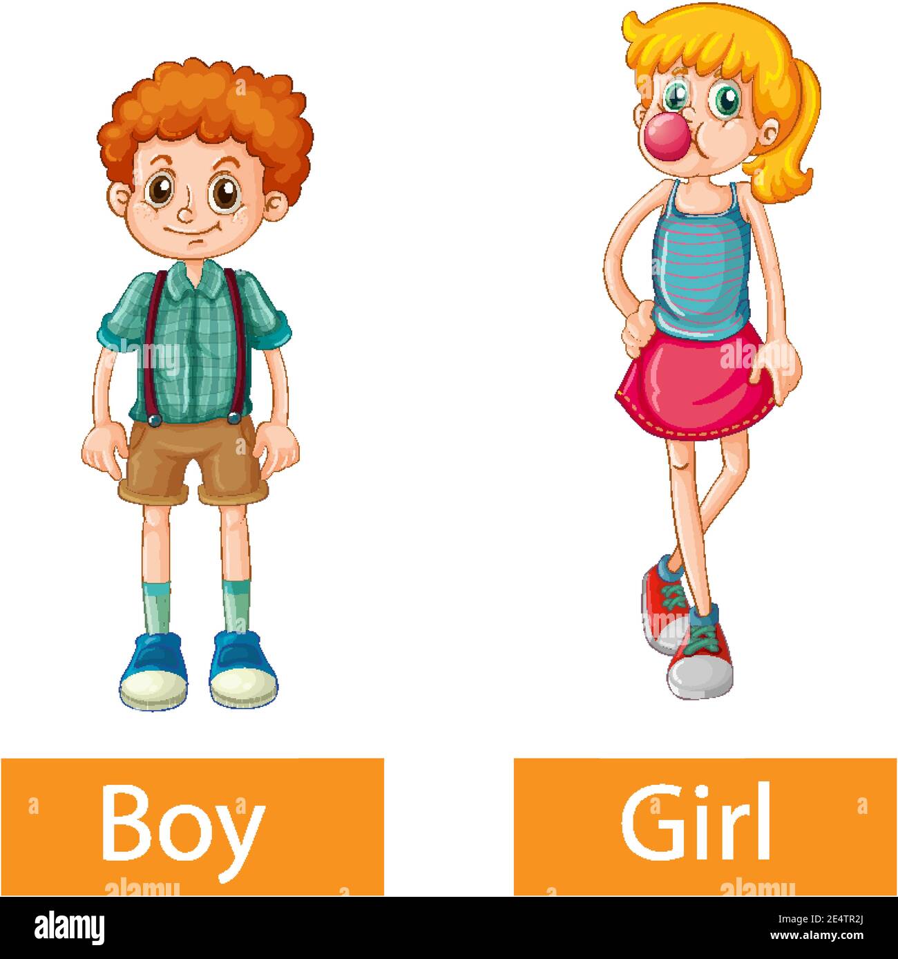 Parole aggettivi opposte con ragazzo e ragazza su sfondo bianco illustrazione Illustrazione Vettoriale