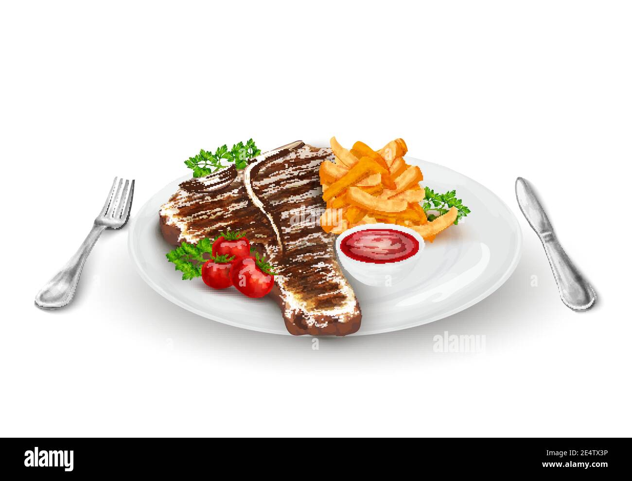 Bistecca alla griglia su piatto con patatine fritte coltello verdure e. illustrazione del vettore forchetta Illustrazione Vettoriale