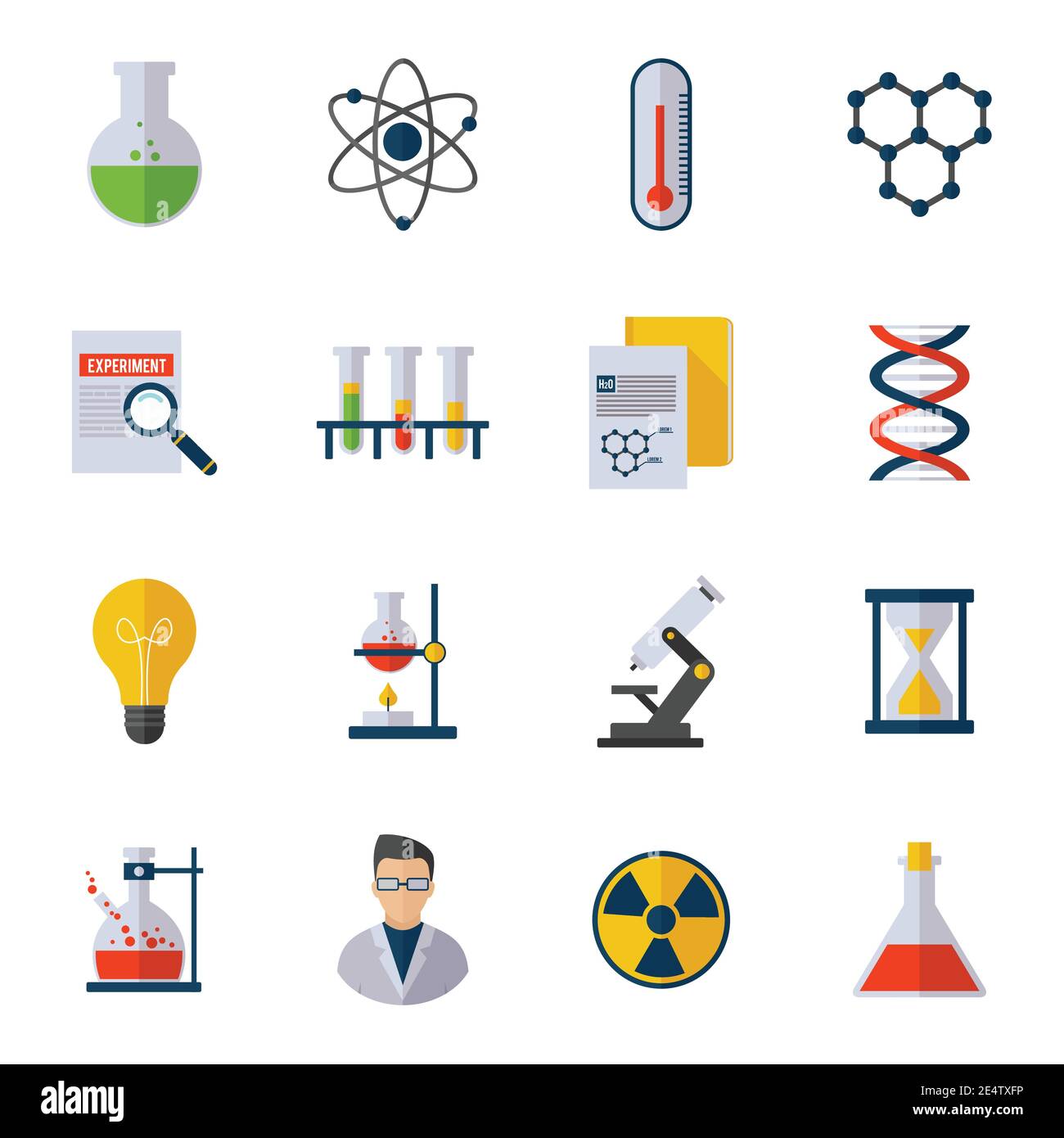 Set piatto icone chimica con dna molecola atomo scienziato isolato illustrazione vettoriale Illustrazione Vettoriale