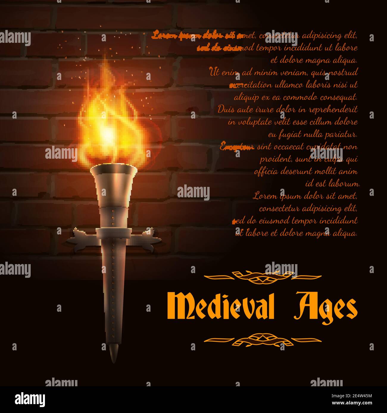 Torcia da fuoco realistica su fondo muretto in mattoni di età medievale  illustrazione vettoriale di testo Immagine e Vettoriale - Alamy