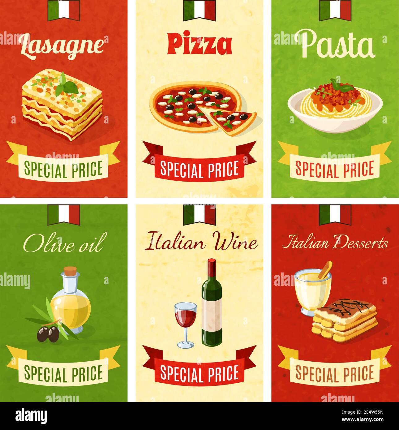 Set mini poster cucina italiana con lasagna pizza pasta oliva olio vino  dessert isolato vettore illustrazione Immagine e Vettoriale - Alamy