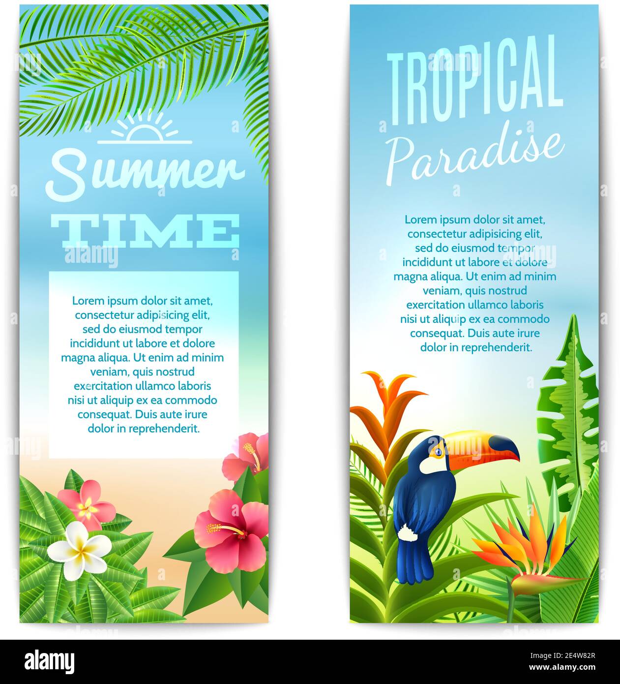 Paradiso tropicale estate periodo banner verticale con piante esotiche fiori e uccelli isolato vettore illustrazione Illustrazione Vettoriale