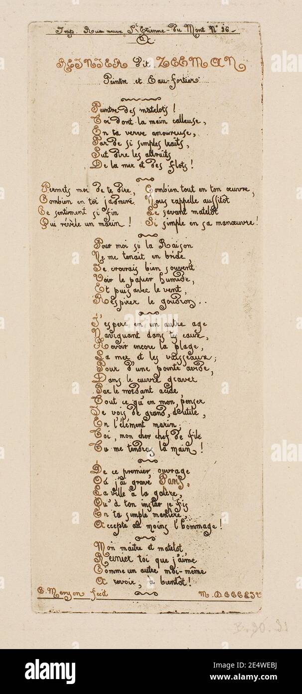 Meryon - versetti dedicati di Meryon a Reinier Nooms, chiamato Zeeman, 1927.4362. Foto Stock