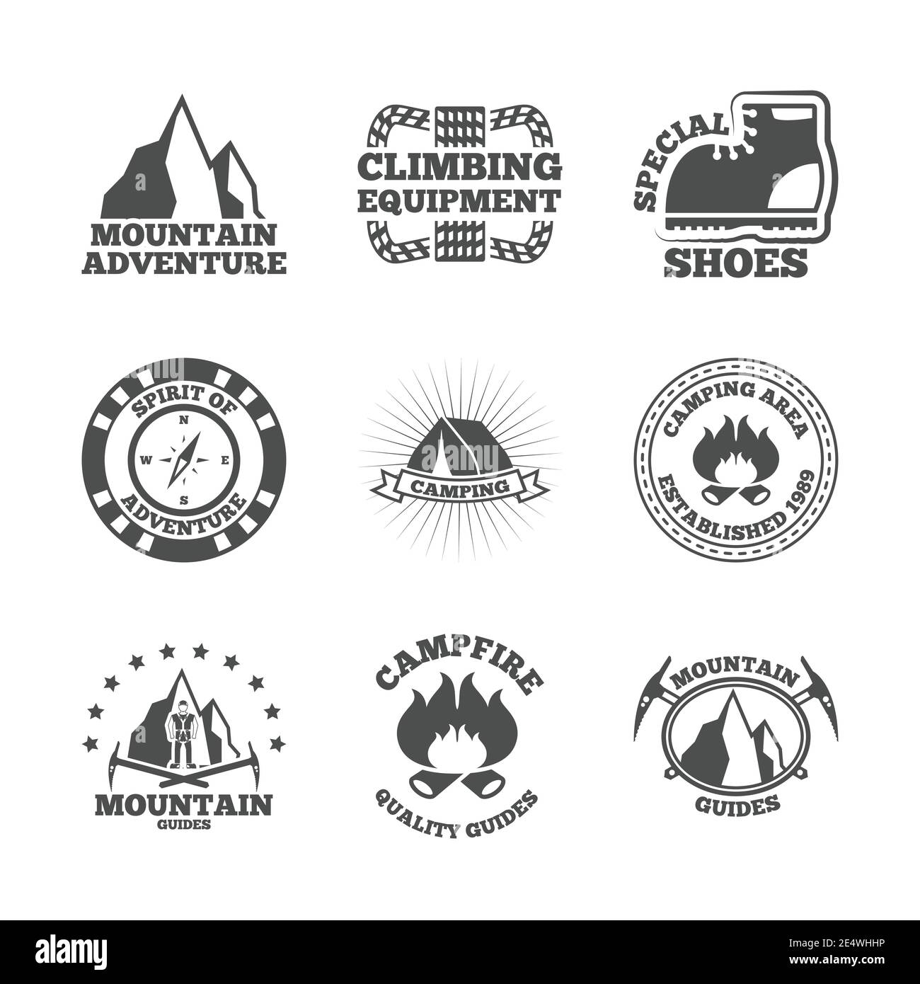 Montagna arrampicata attrezzature quide e campeggio avventure etichette nere emblemi logo set astratto isolato vettore illustrazione Illustrazione Vettoriale