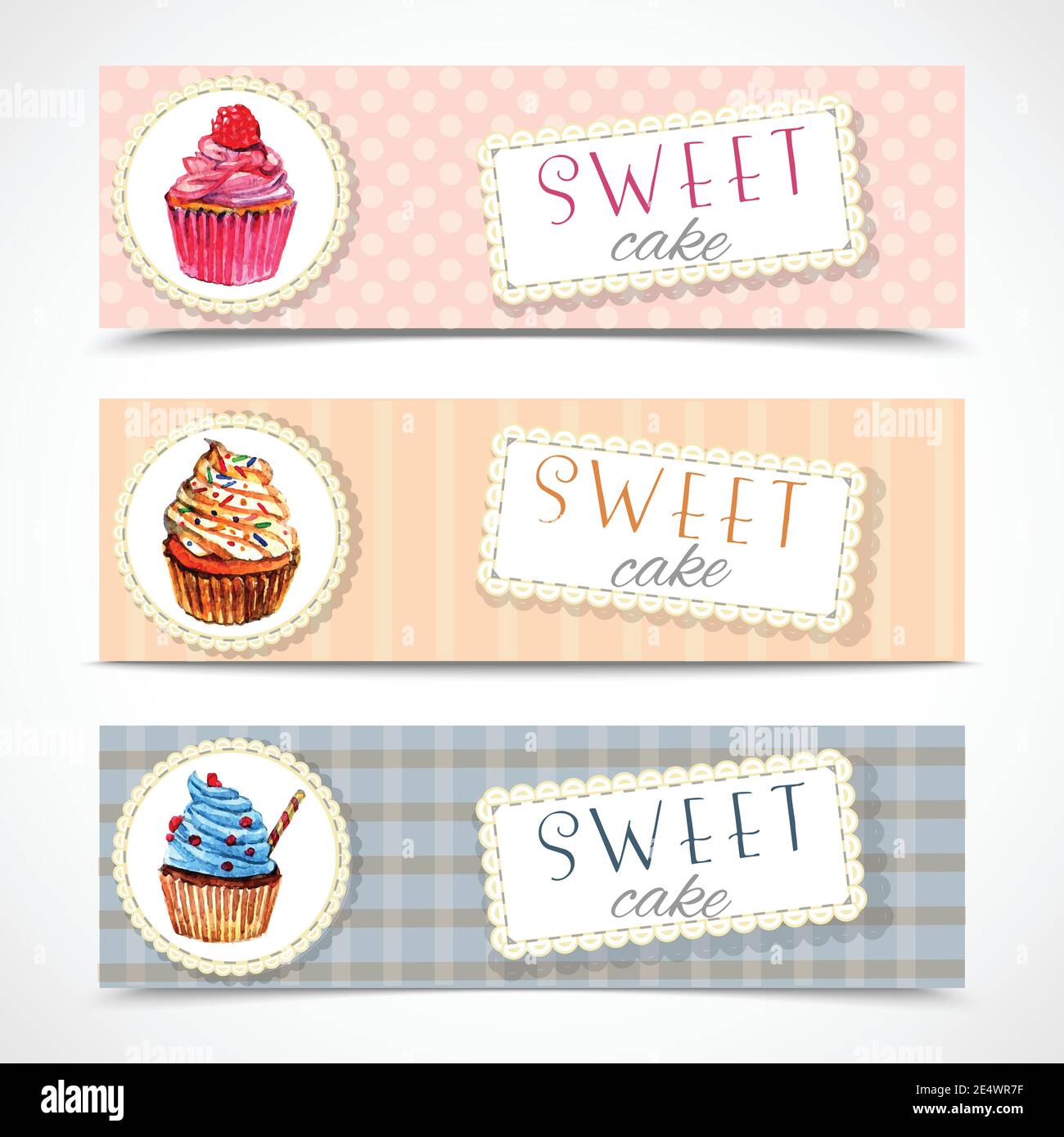 Set di etichette decorative per dolciumi con design tradizionale per cupcakes banner orizzontali watercolor vettore astratto illustratio isolato Illustrazione Vettoriale