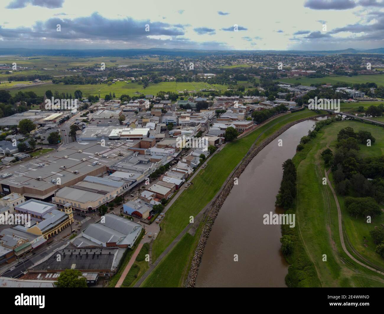 Vista aerea della Maitland Township NSW con Hunter River, Australia Foto Stock